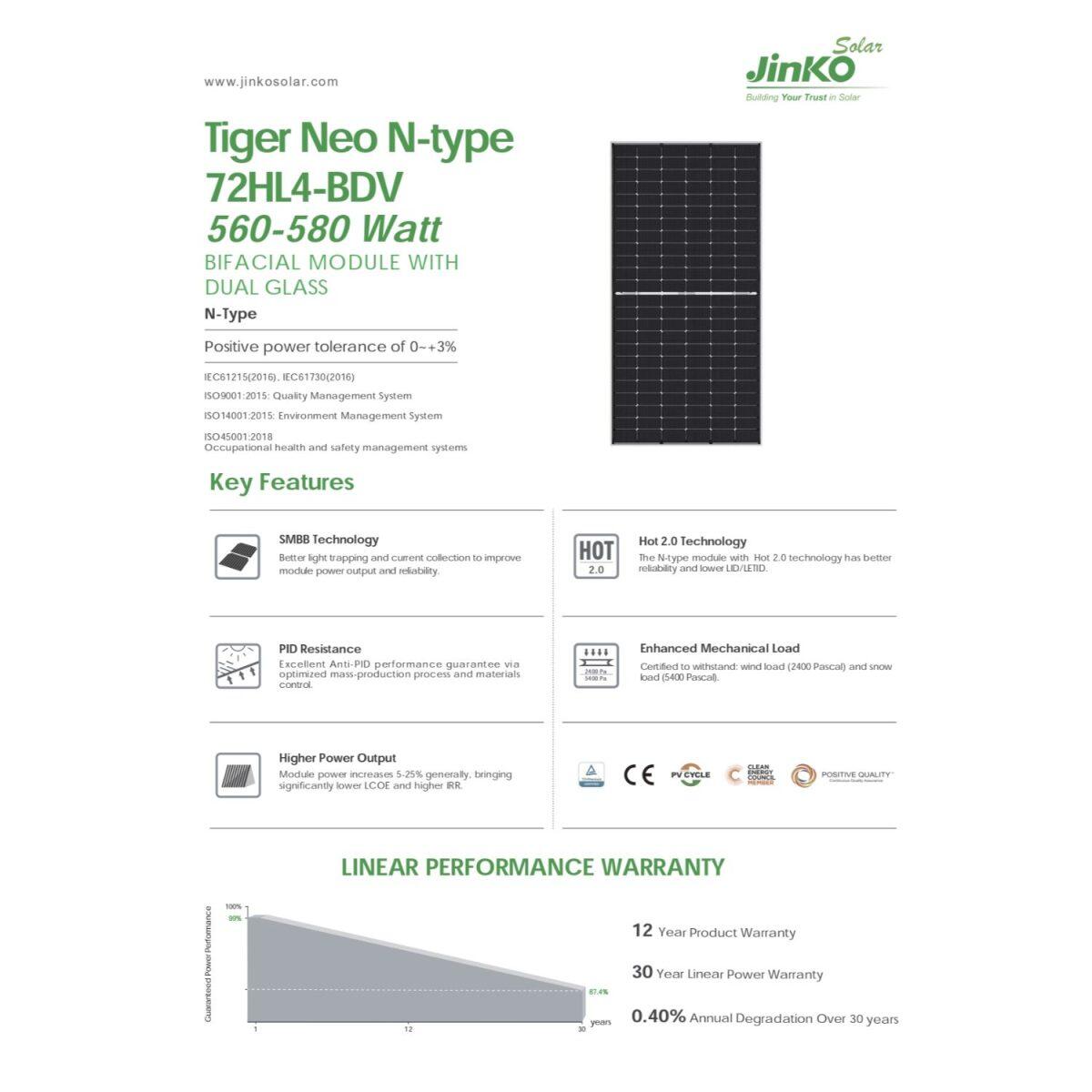Jinko Ηλιακό Πάνελ 580 Watt NEO N-TYPE 72HL4-BDV Διπλής Όψης - Image 2